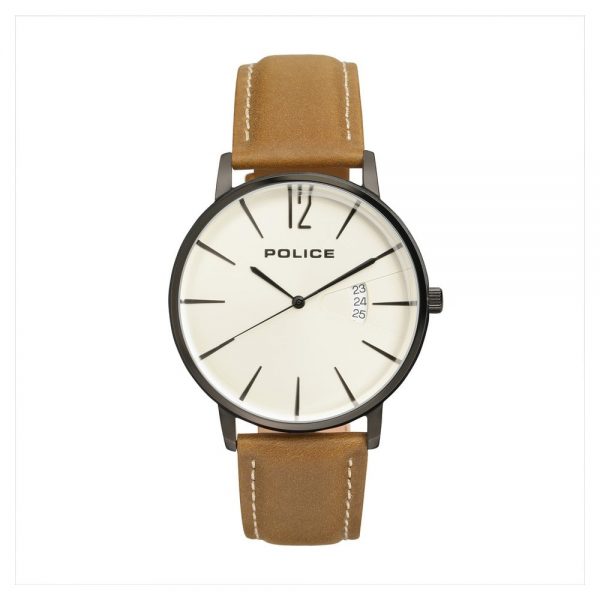 Police Beige Dial Brown Leather Strap Watch