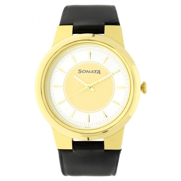 SONATA Silver Dial Black Leather Strap Watch