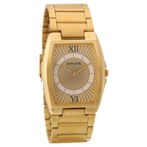 SONATA Champagne Dial Golden Metal Strap Watch