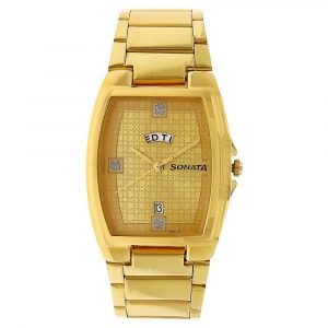 SONATA Champagne Dial Golden Stainless Steel Strap Watch