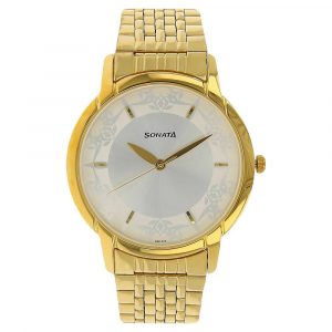 SONATA Silver Dial Golden Stainless Steel Strap Watch