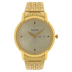 SONATA Champagne Dial Golden Stainless Steel Strap Watch