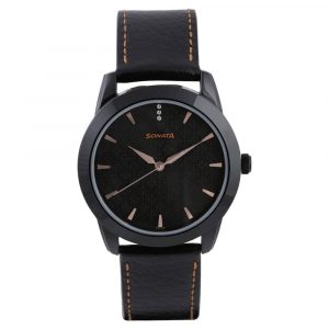 SONATA Black Dial Black Leather Strap Watch