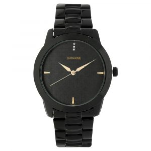SONATA Black Dial Black Metal Strap Watch