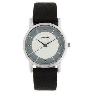SONATA White Dial Leather Strap Watch
