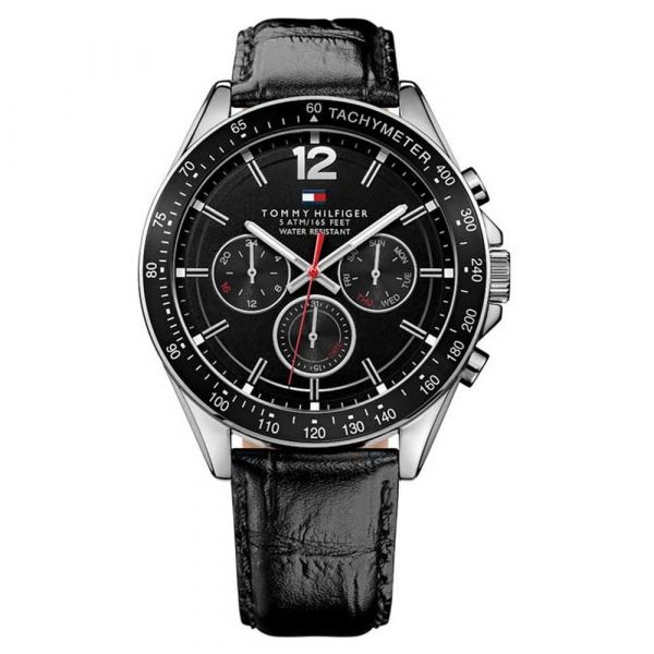 Tommy Hilfiger Black Dial Black Leather Strap Watch