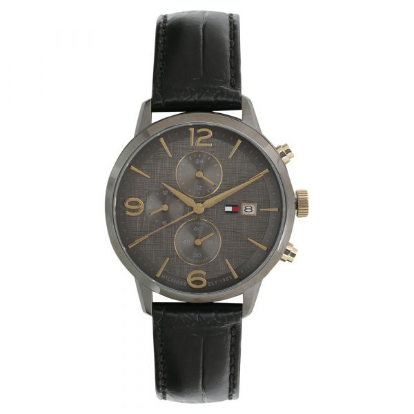 Tommy Hilfiger Grey Dial Black Leather Strap Watch