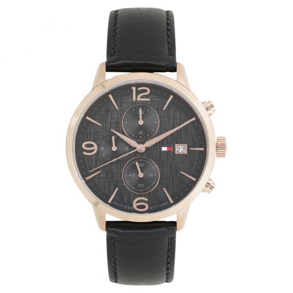 Tommy Hilfiger Black Dial Black Leather Strap Watch