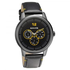 SONATA Versatyle Black Dial Leather Strap Watch