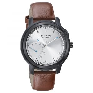 SONATA Stride Pro - Hybrid Smartwatch with Silver Dial & Tan Leather Strap