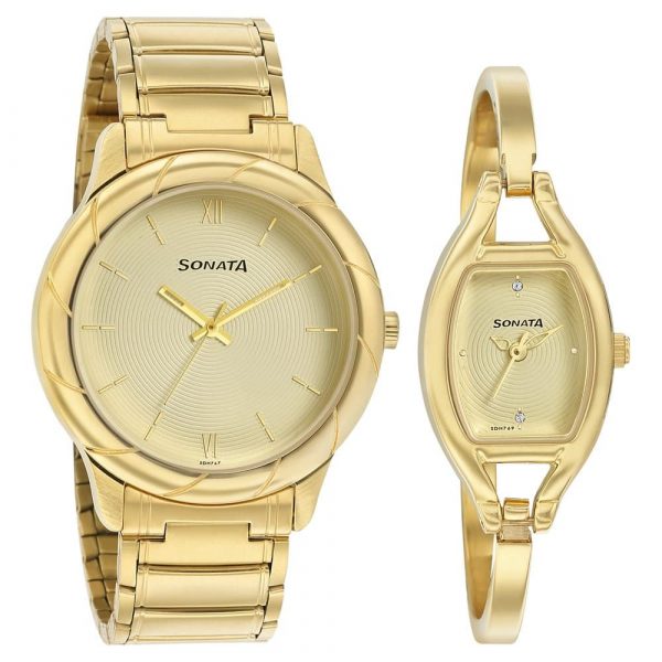SONATA Beige Dial Golden Stainless Steel Strap Watches