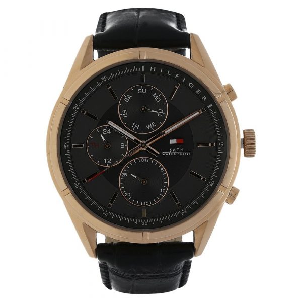 Tommy Hilfiger Hilfiger Black Dial Black Leather Strap Watch