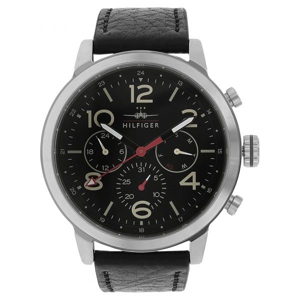 Tommy Hilfiger Black Dial Black Leather Strap Watch