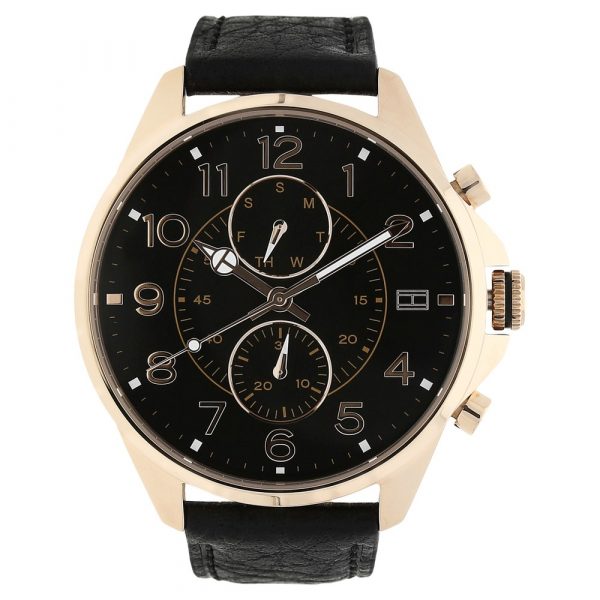 Tommy Hilfiger Black Dial Black Leather Strap Watch