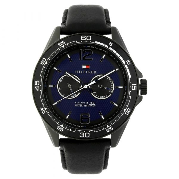 Tommy Hilfiger Blue Dial Black Leather Strap Watch